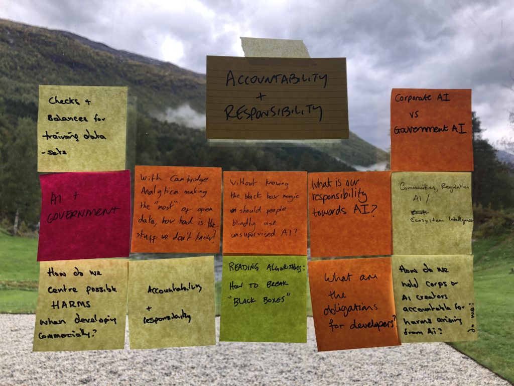 A selection of questions on post-its dealing with the topic of accountability and responsibility in AI